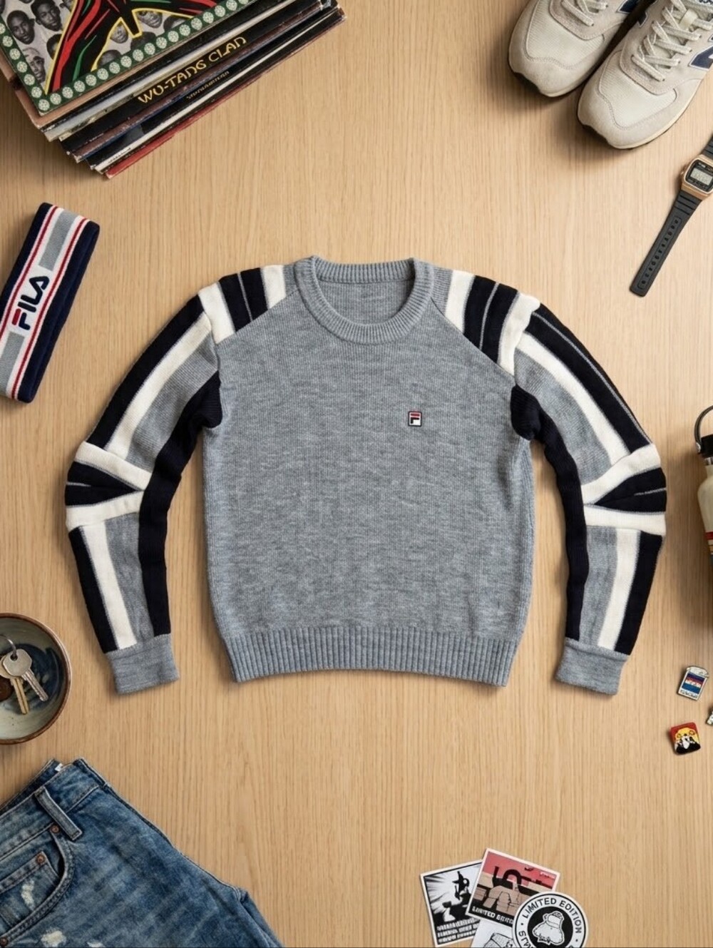 Vtg Fila Italy Rare Bjorn Borg Grey Wool Ski Sweater Black White Stripe‎ EUC 80s